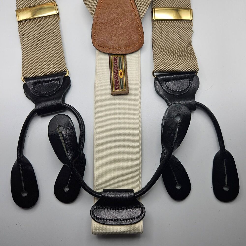 Trafalgar Button end Suspenders Leather and Nylon Elastic Straps Beige S/M